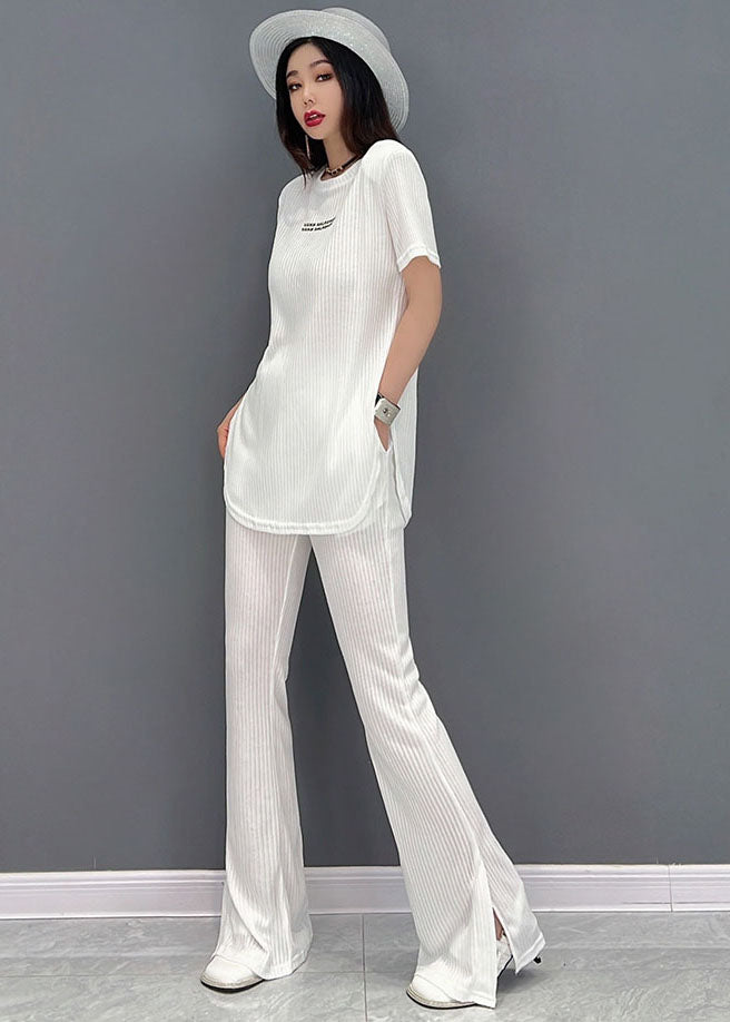 Red O-neck Side Open Letter Cotton Tops and Flare Pants Two Piece Set Outfits Short Sleeve
