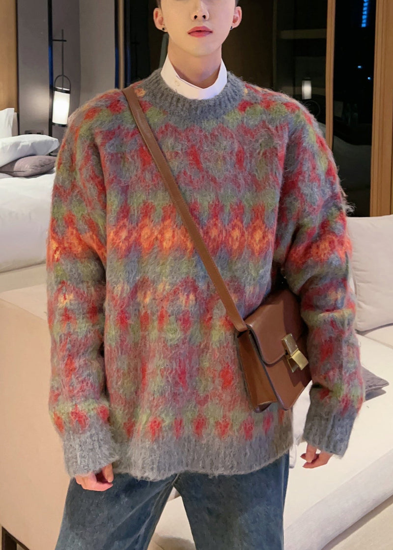Red O-neck Thick Cotton Knit Sweater Fall