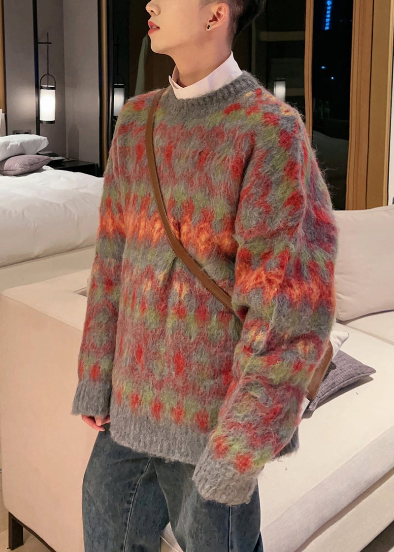 Red O-neck Thick Cotton Knit Sweater Fall