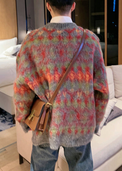 Red O-neck Thick Cotton Knit Sweater Fall
