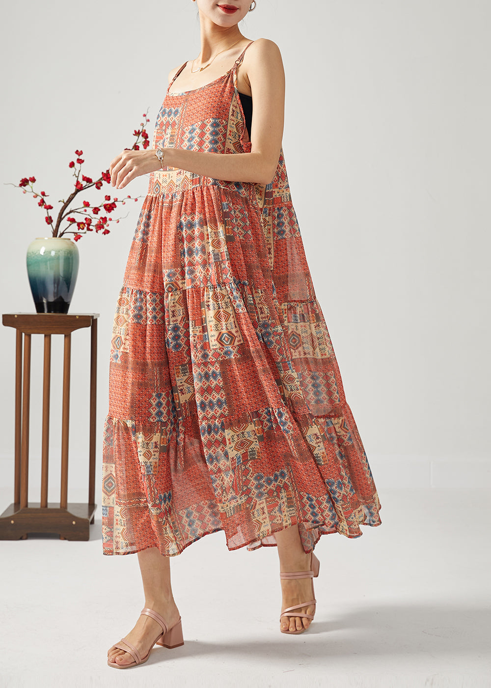 Red Oversized Patchwork Exra Large Hem Cotton Spaghetti Strap Dress Summer
