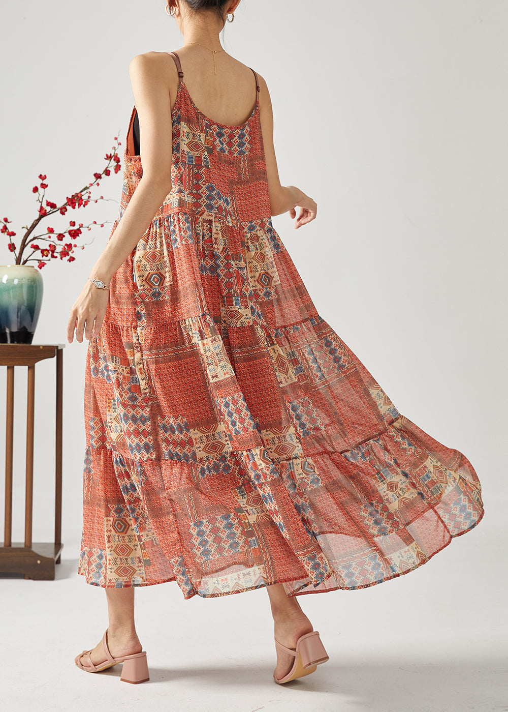 Red Oversized Patchwork Exra Large Hem Cotton Spaghetti Strap Dress Summer