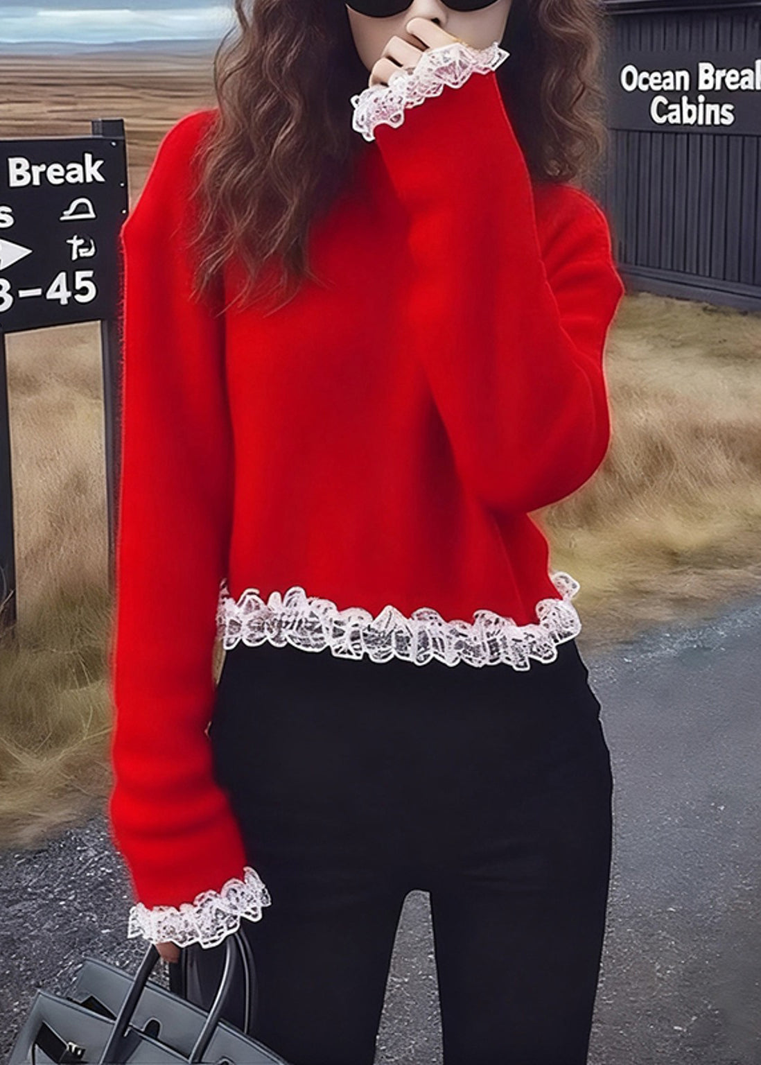 Red Oversized Patchwork Lace Sweaters Winter