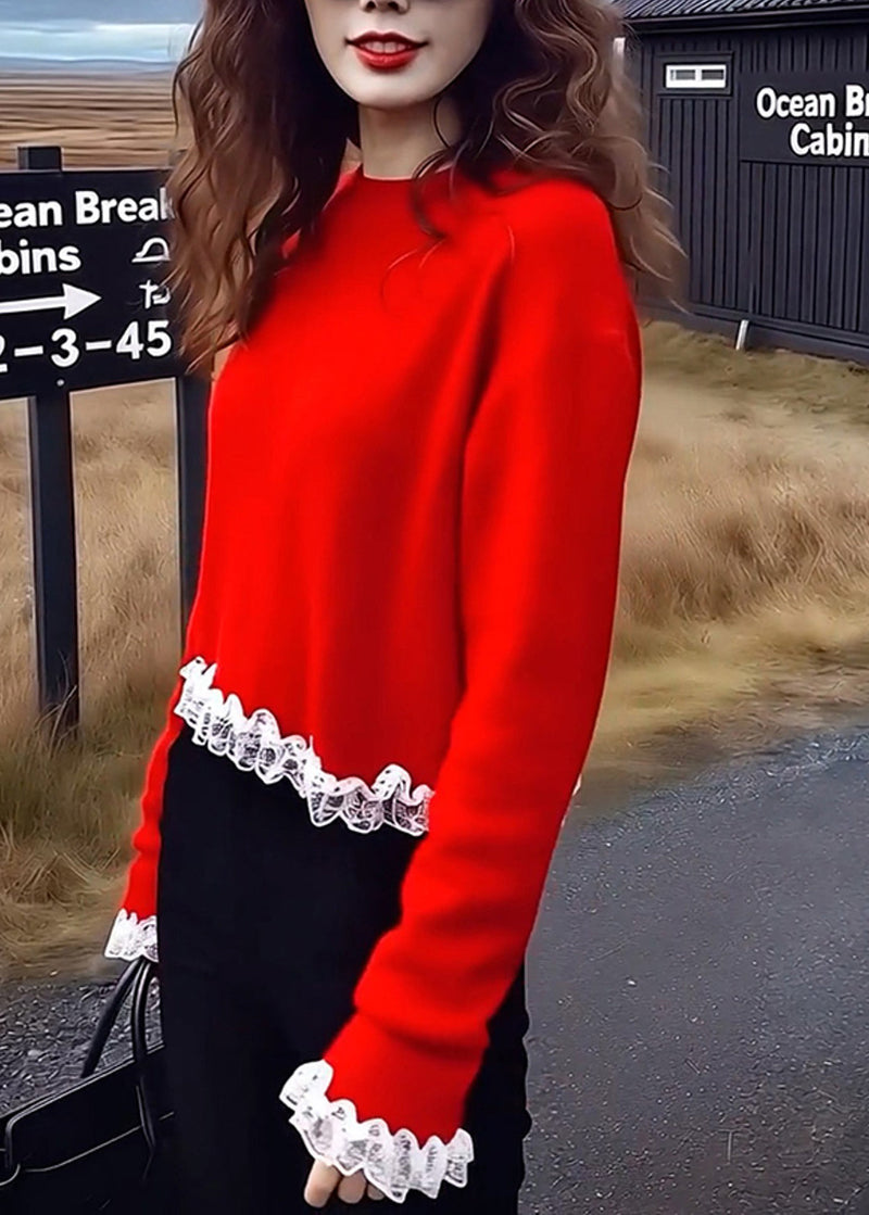 Red Oversized Patchwork Lace Sweaters Winter