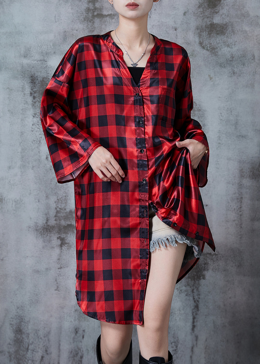 Red Oversized Plaid Shirt Dresses Spring