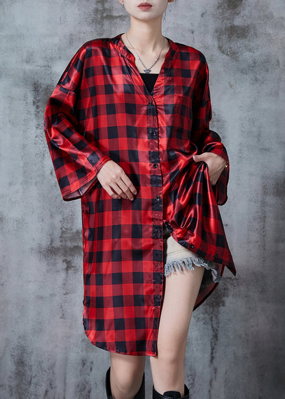 Red Oversized Plaid Shirt Dresses Spring