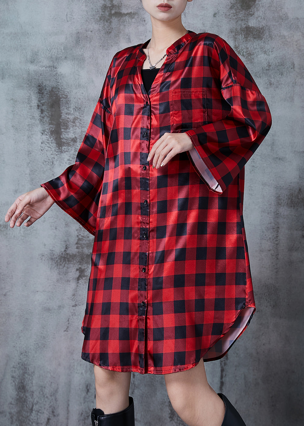 Red Oversized Plaid Shirt Dresses Spring