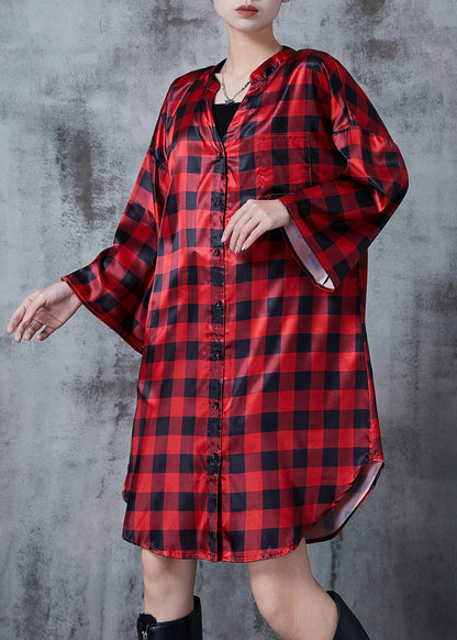 Red Oversized Plaid Shirt Dresses Spring