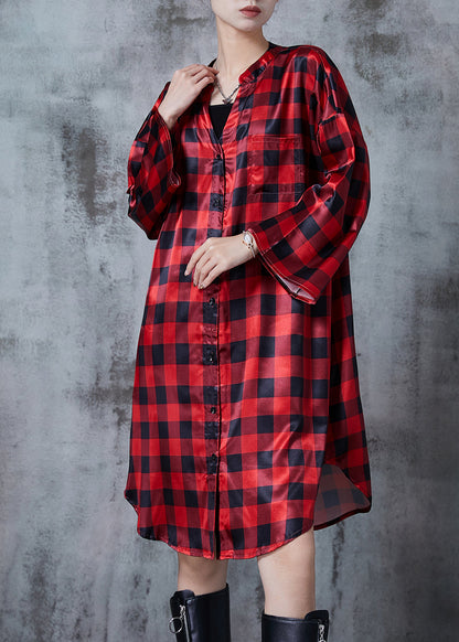 Red Oversized Plaid Shirt Dresses Spring