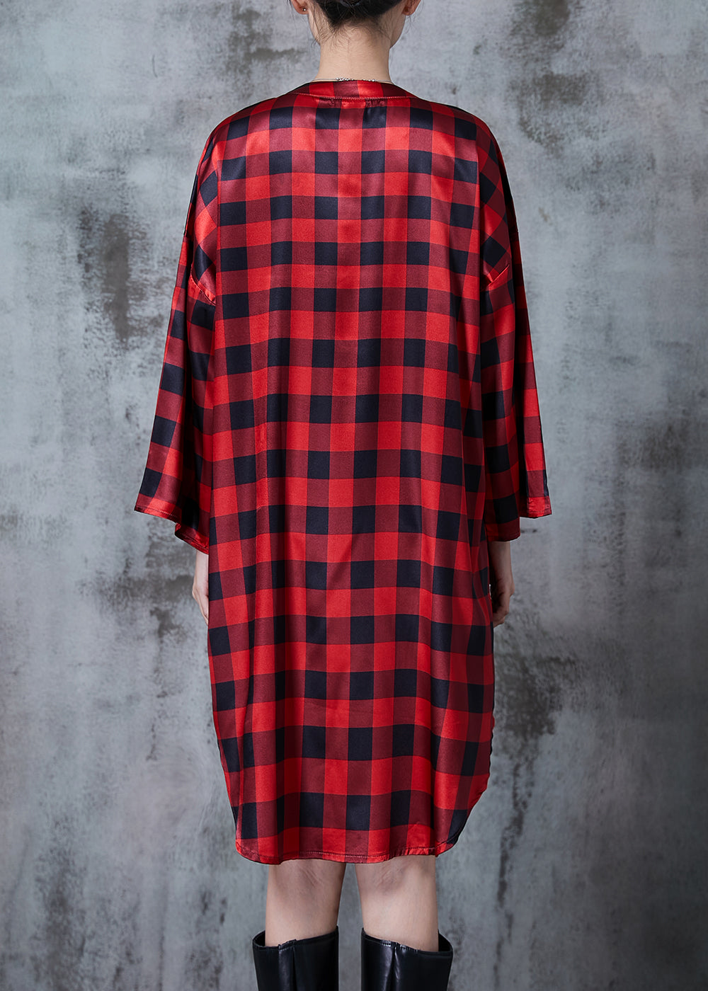 Red Oversized Plaid Shirt Dresses Spring