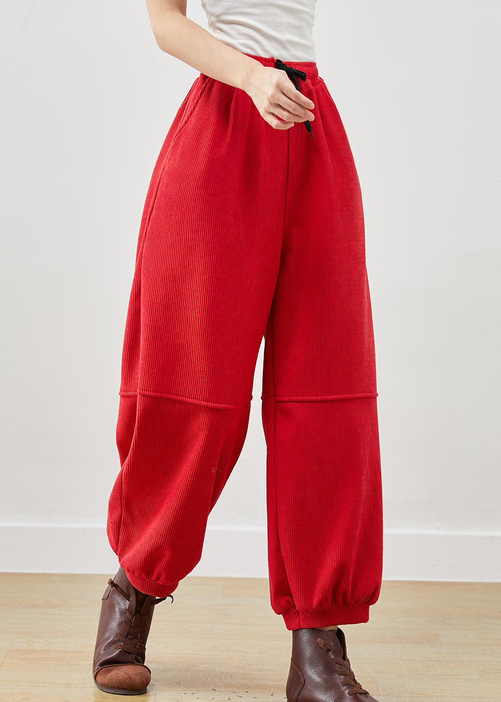 Red Oversized Pockets Corduroy Pants Winter