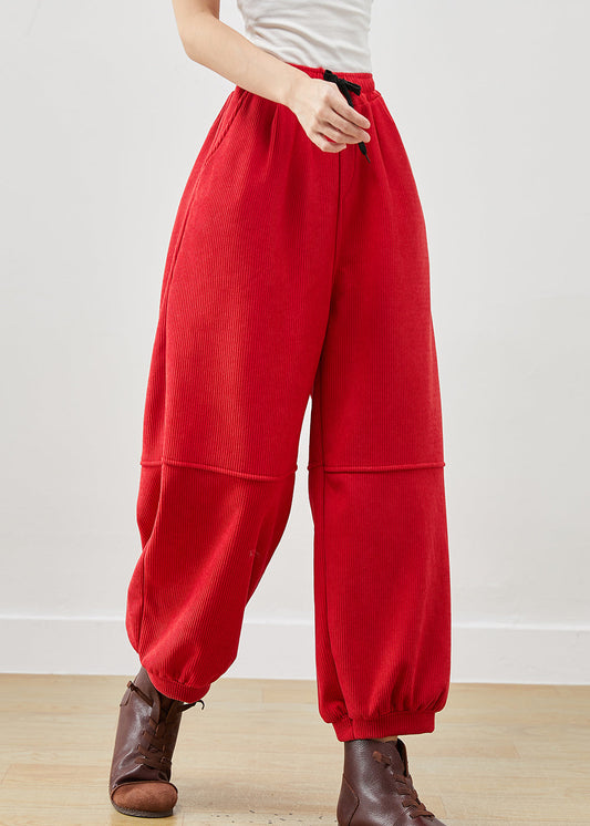 Red Oversized Pockets Corduroy Pants Winter