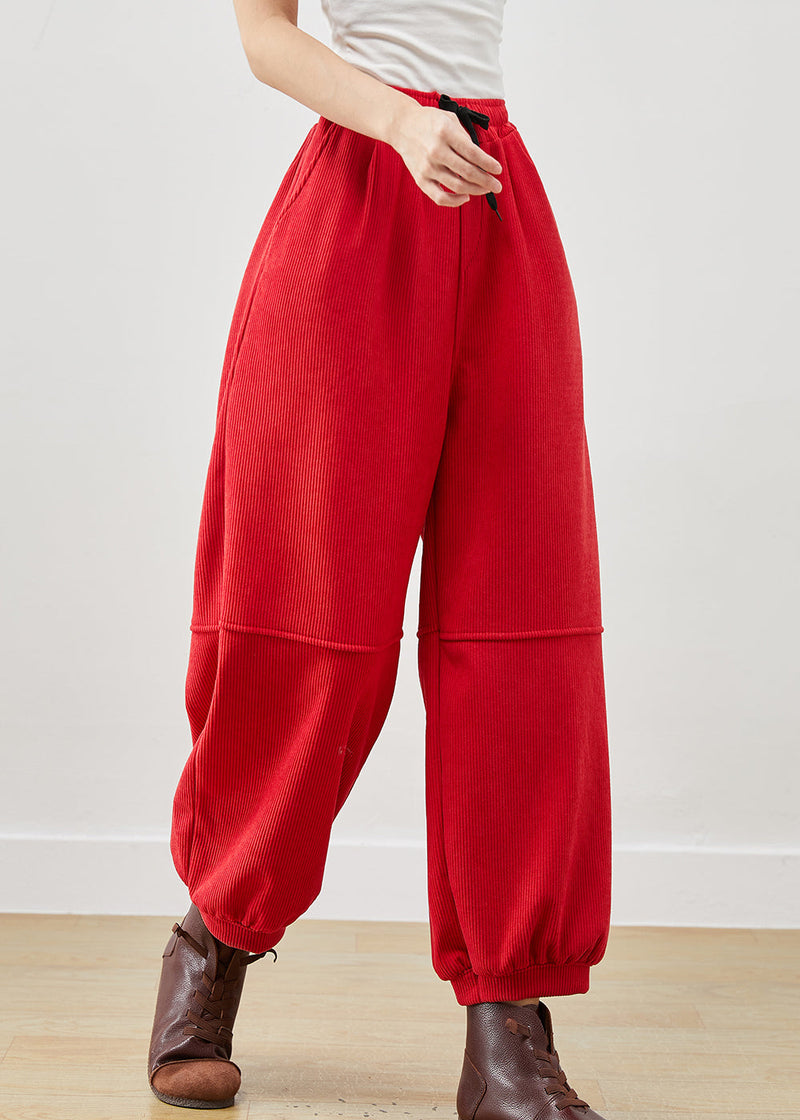 Red Oversized Pockets Corduroy Pants Winter