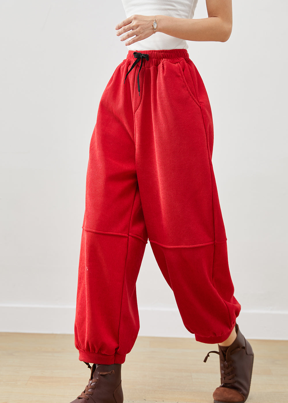 Red Oversized Pockets Corduroy Pants Winter