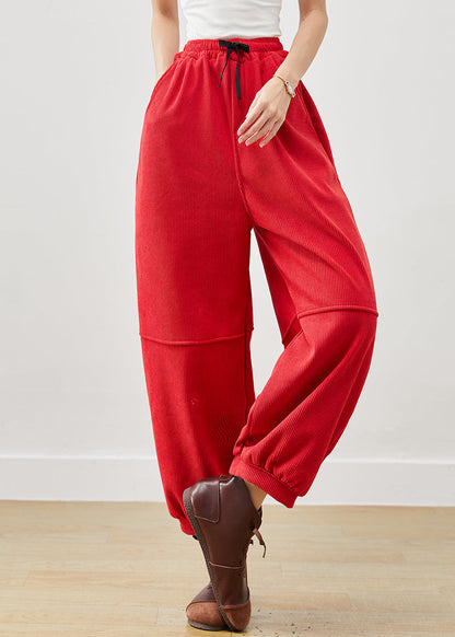 Red Oversized Pockets Corduroy Pants Winter