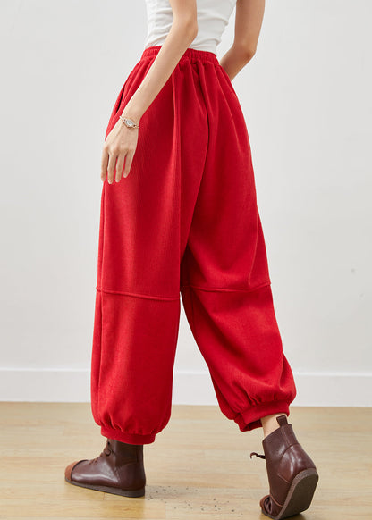 Red Oversized Pockets Corduroy Pants Winter
