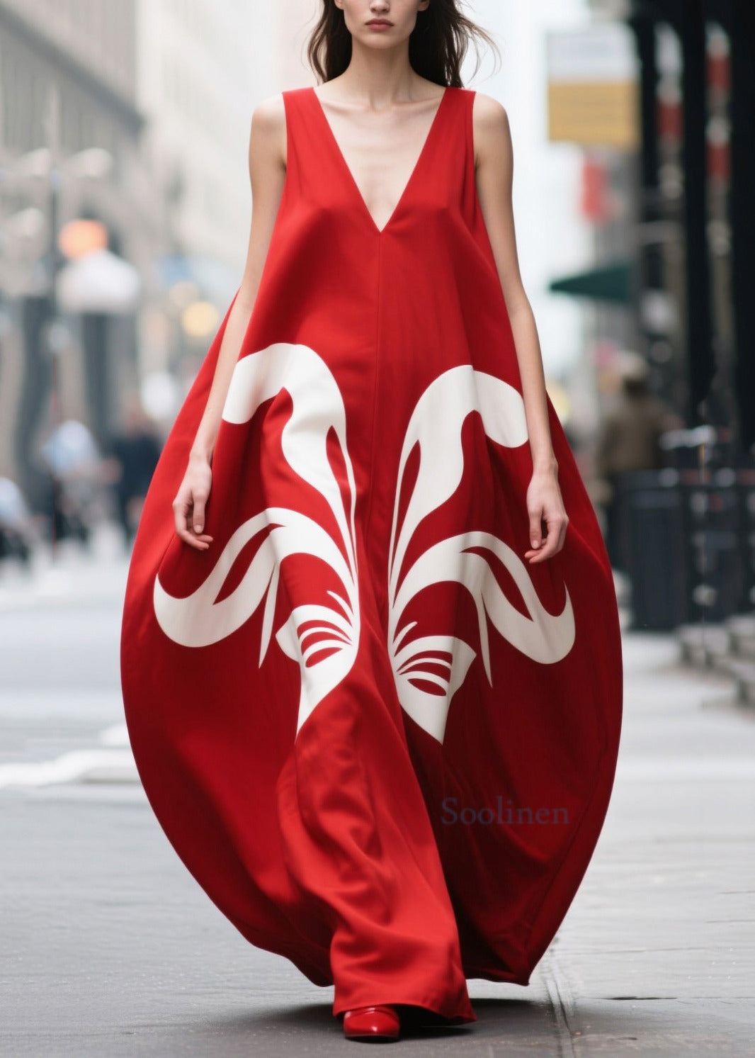 Red Oversized Print Chiffon Party Dress Summer