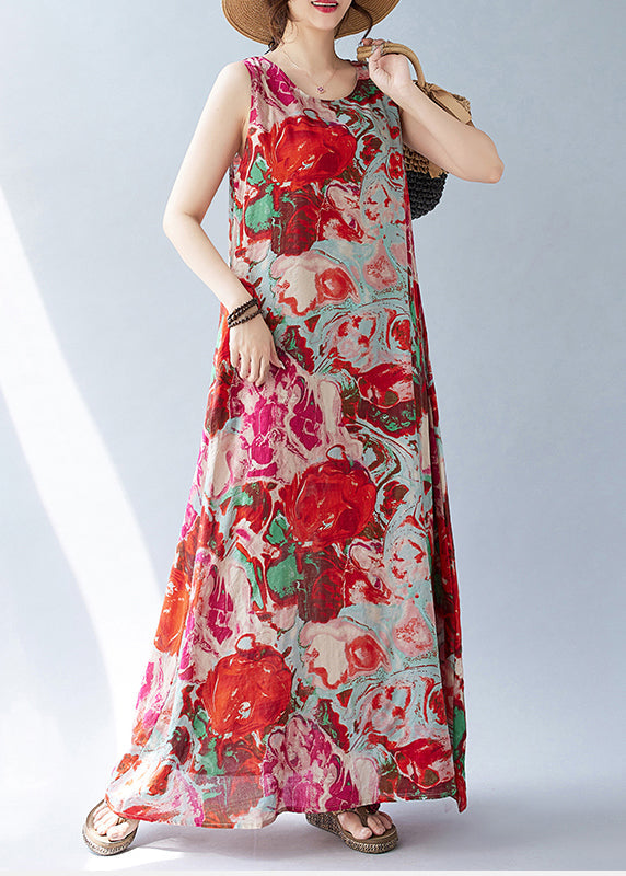 Red Oversized Print Cotton Holiday Dress Sleeveless