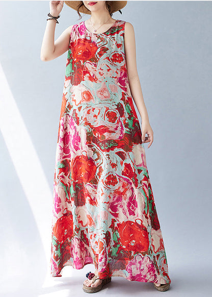 Red Oversized Print Cotton Holiday Dress Sleeveless