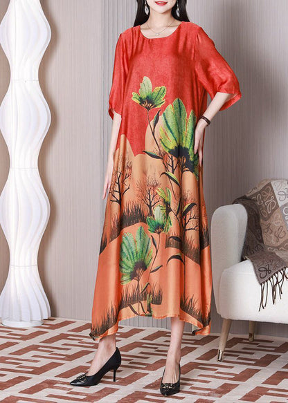 Red Oversized Print Silk Maxi Dresses Half Sleeve