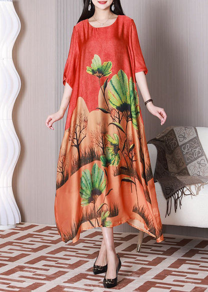 Red Oversized Print Silk Maxi Dresses Half Sleeve