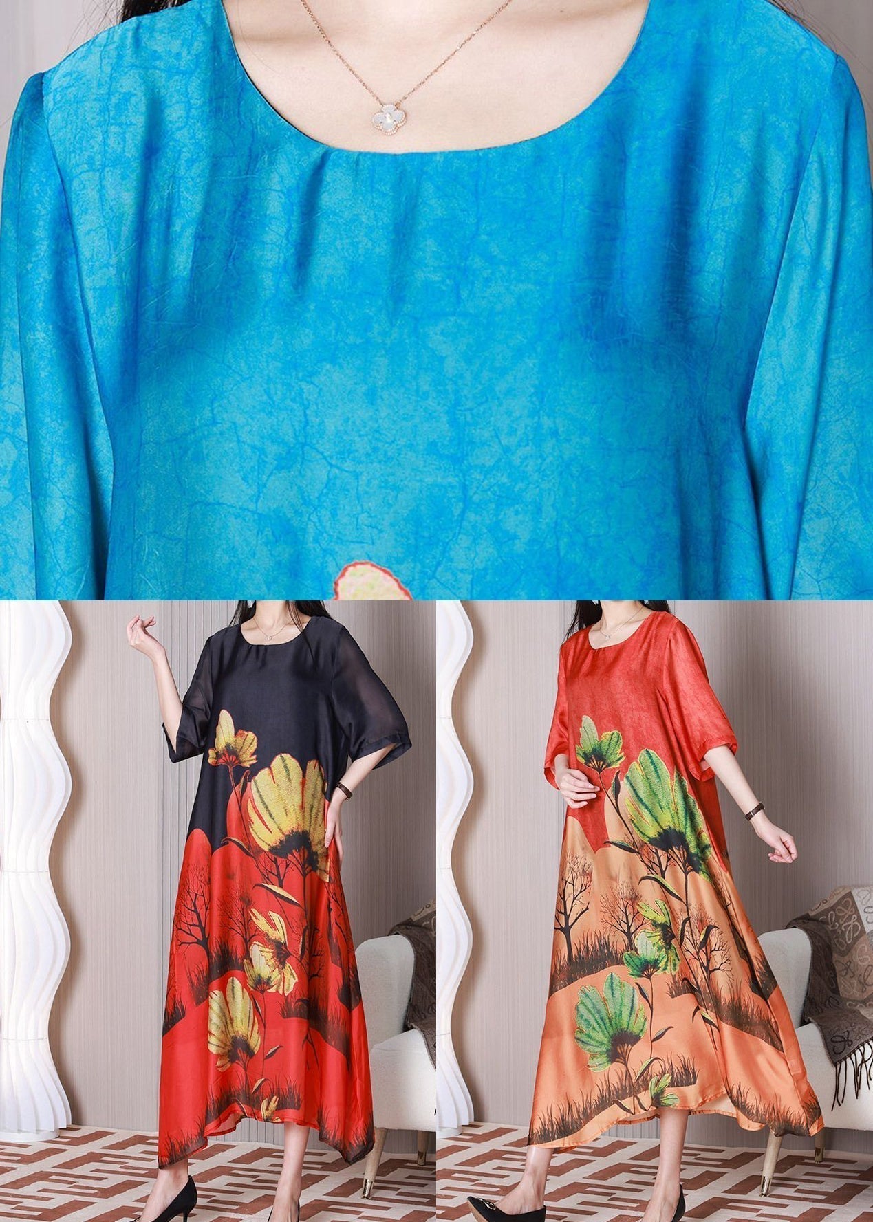 Red Oversized Print Silk Maxi Dresses Half Sleeve