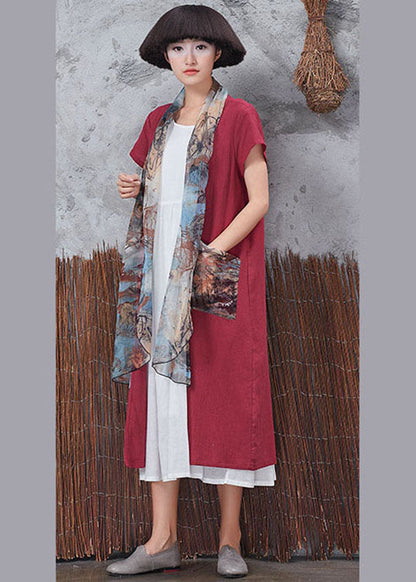 Red Patchwork Scarf Collar Cotton Cardigans Short Sleeve