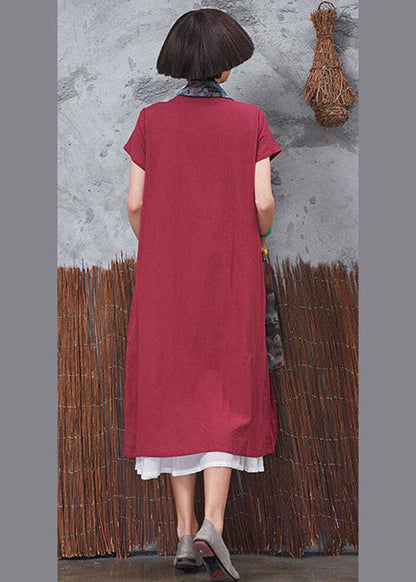 Red Patchwork Scarf Collar Cotton Cardigans Short Sleeve