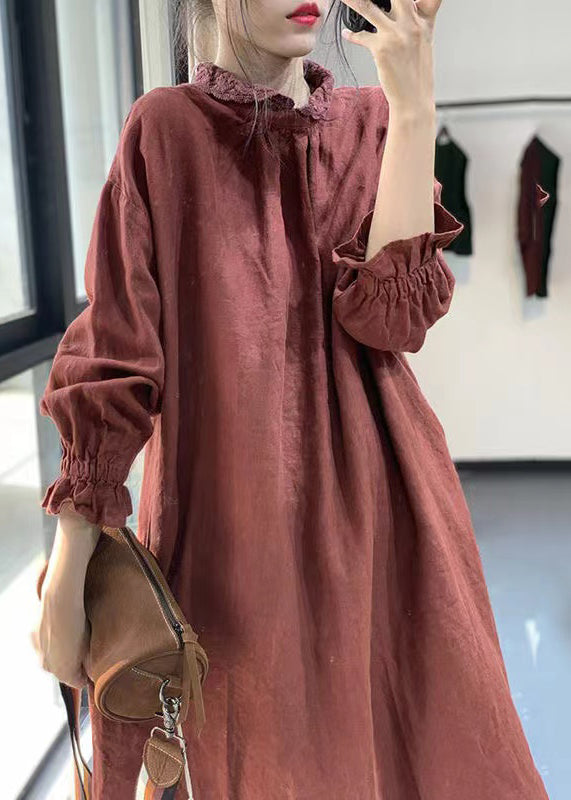 Red Peter Pan Collar Lace Patchwork Cotton Dress Spring