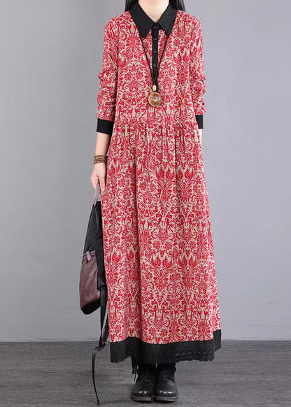 Red Peter Pan Collar Patchwork Cotton Long Dress Fall
