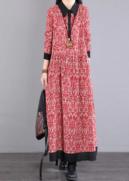 Red Peter Pan Collar Patchwork Cotton Long Dress Fall