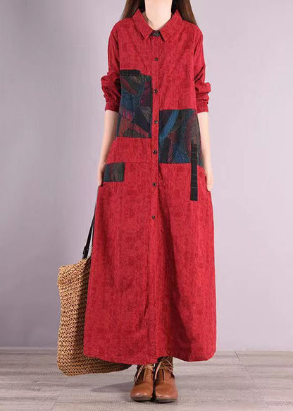 Red Peter Pan Collar Patchwork Cotton Shirts Dress Fall