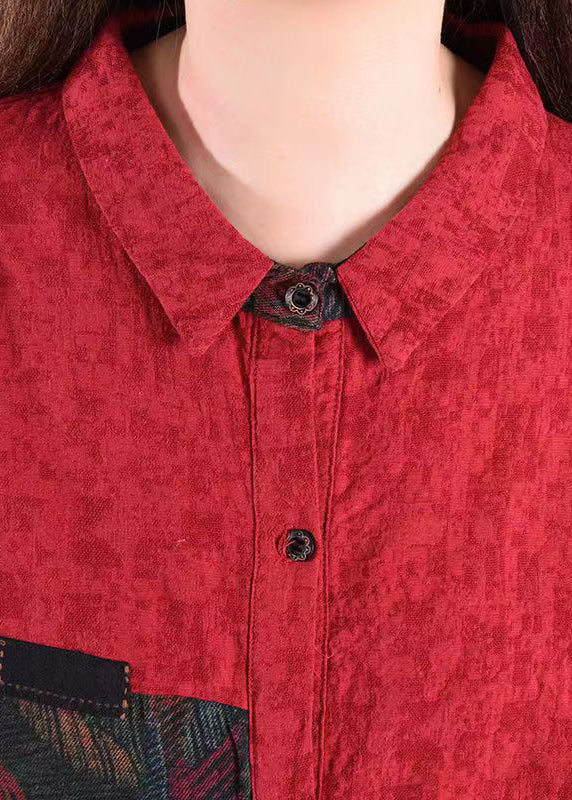 Red Peter Pan Collar Patchwork Cotton Shirts Dress Fall