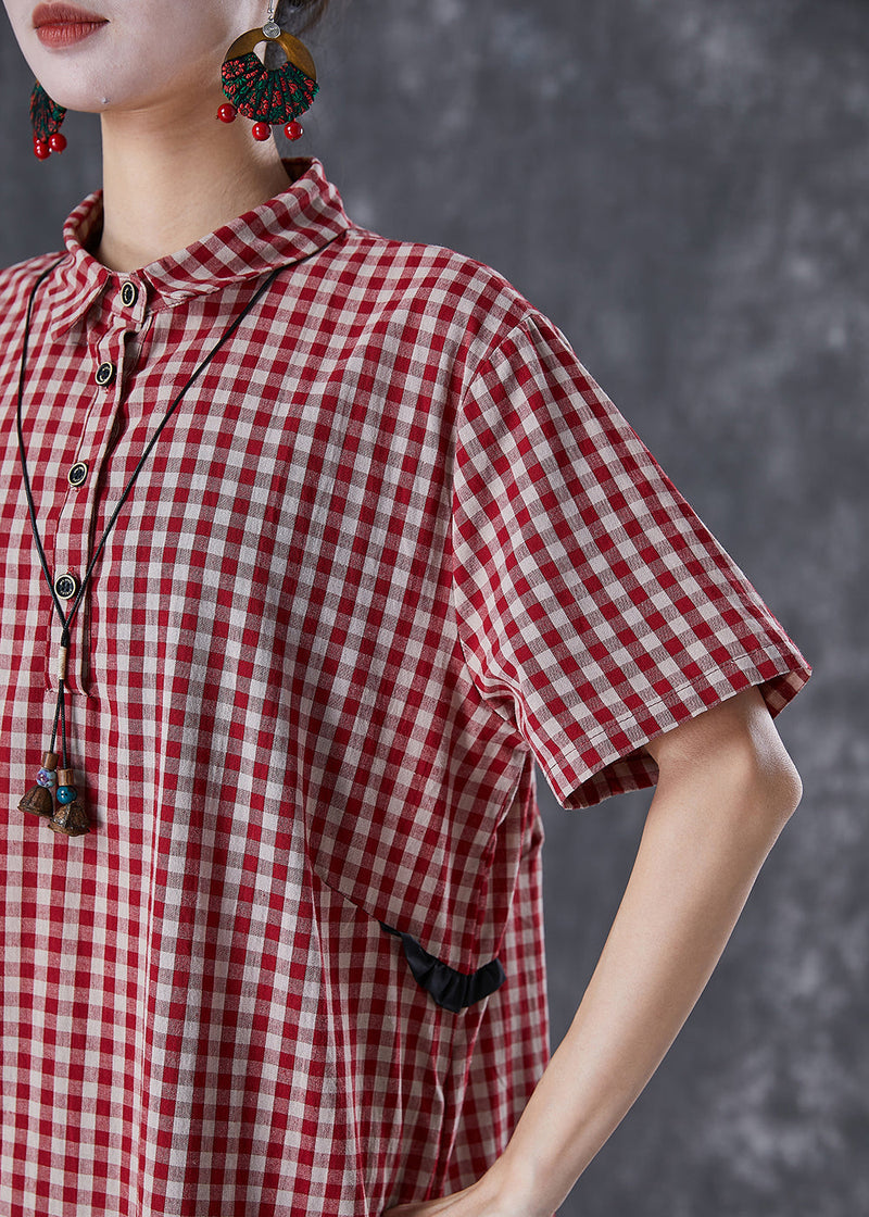 Red Peter Pan Collar Plaid Linen Maxi Dress Summer