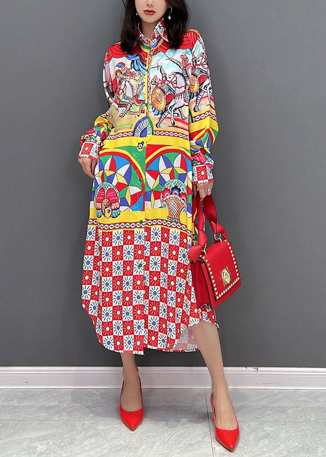 Red Peter Pan Collar Print Vacation Dresses Fall
