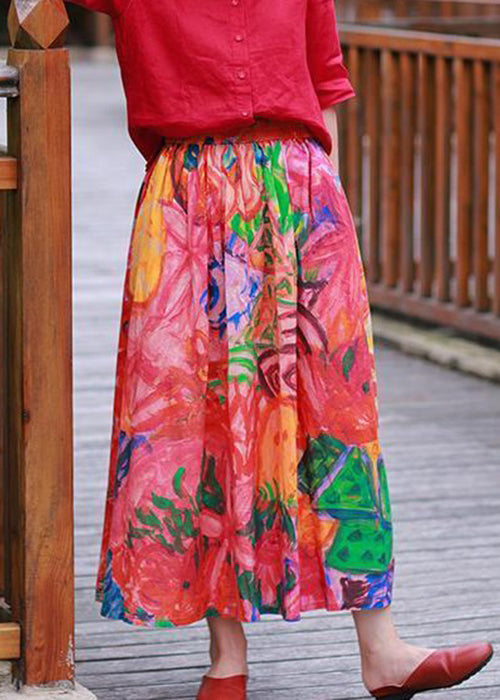 Red Pockets Elastic Waist Cotton Skirt Spring
