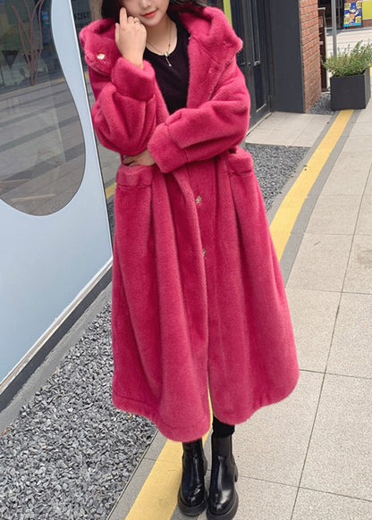 Red Pockets Mink Hair Knitted Hoodie Long Coat Spring