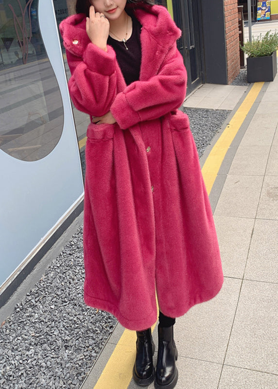 Red Pockets Mink Hair Knitted Hoodie Long Coat Spring