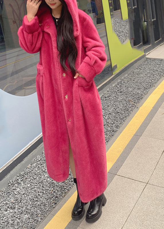 Red Pockets Mink Hair Knitted Hoodie Long Coat Spring