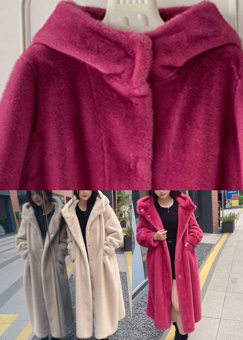 Red Pockets Mink Hair Knitted Hoodie Long Coat Spring