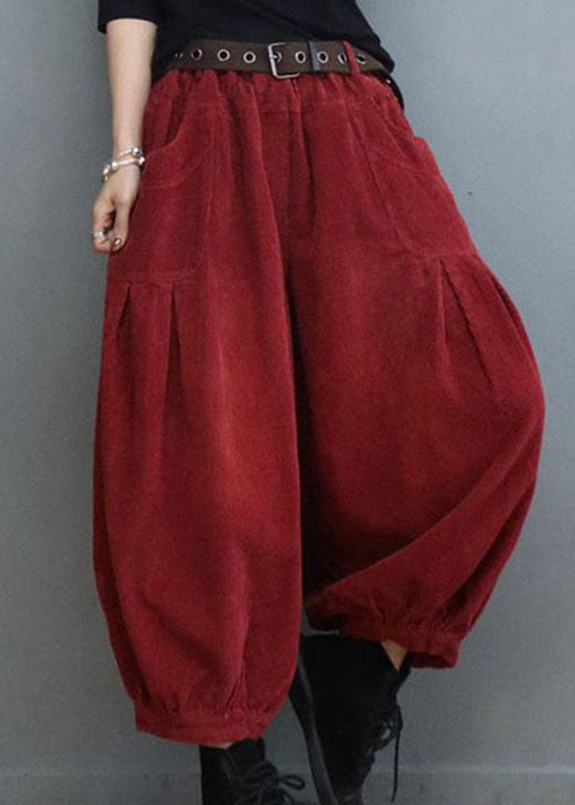 Red Pockets Wrinkled Corduroy Lantern Pants Winter