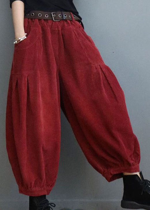 Red Pockets Wrinkled Corduroy Lantern Pants Winter