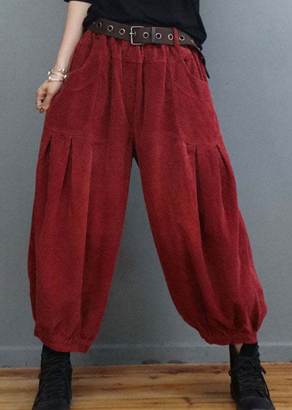 Red Pockets Wrinkled Corduroy Lantern Pants Winter