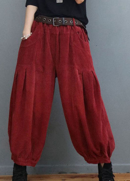 Red Pockets Wrinkled Corduroy Lantern Pants Winter