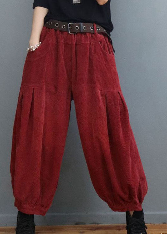 Red Pockets Wrinkled Corduroy Lantern Pants Winter