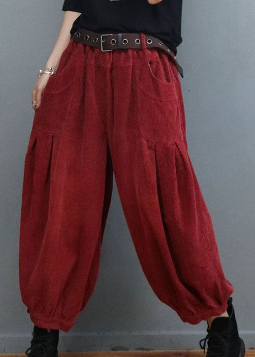 Red Pockets Wrinkled Corduroy Lantern Pants Winter
