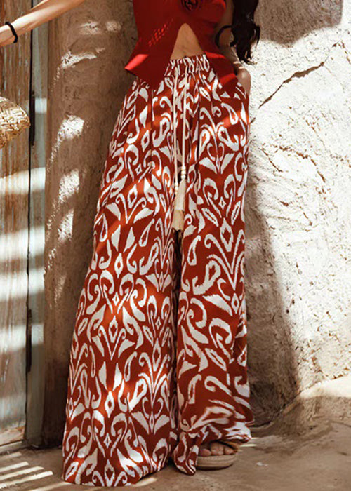 Red Print Elastic Waist Silk Pants Summer