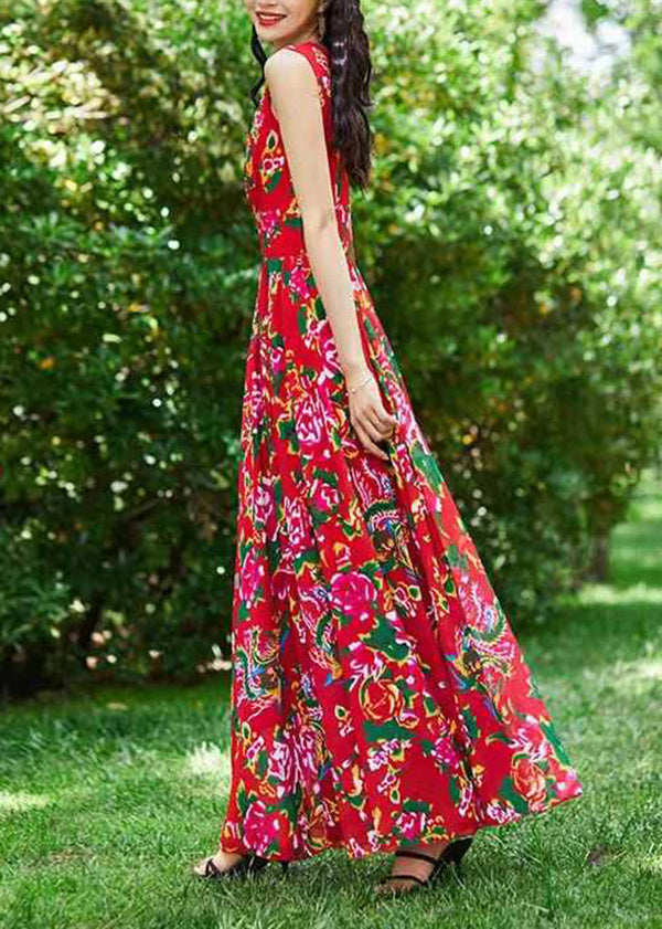 Red Print Exra Large Hem Chiffon Dresses Sleeveless
