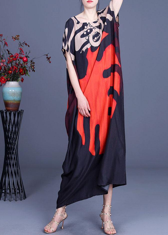 Red Print O-neck Silk Summer Maxi Dresses