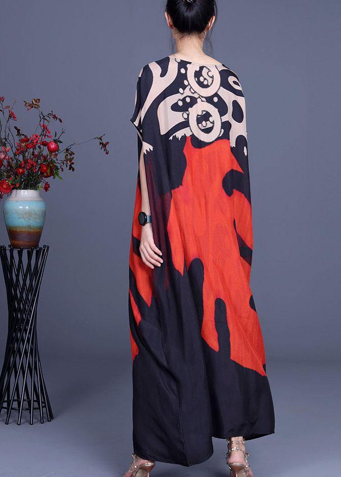 Red Print O-neck Silk Summer Maxi Dresses